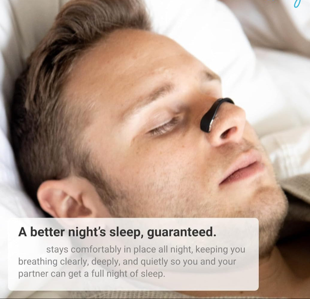 EzyBreath reusable external nasal dilator positioned across the outside of the nose