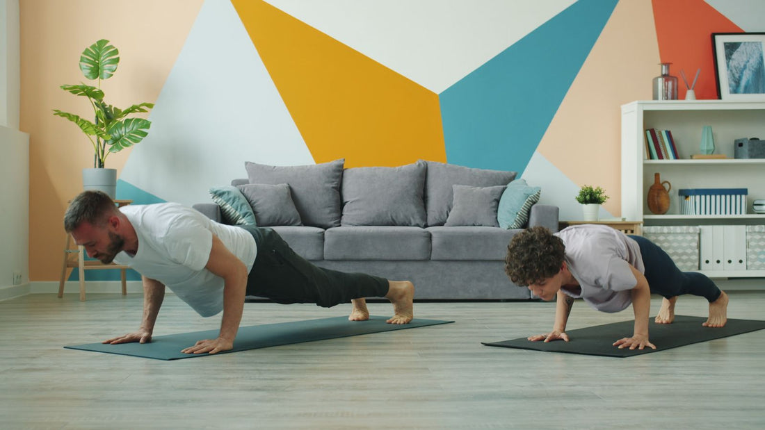 Adults performing push-ups during a home workout