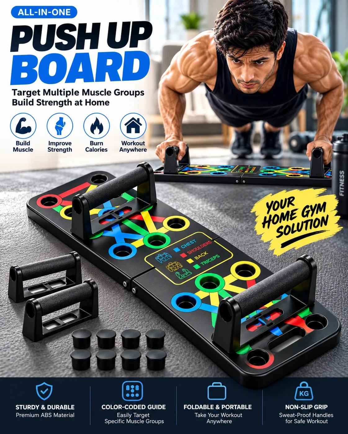 Color-coded EzyBreath push-up board positions for chest, shoulder and triceps exercises