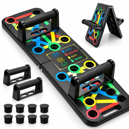 EzyBreath 15-in-1 push-up board with color-coded hand positions for home strength training