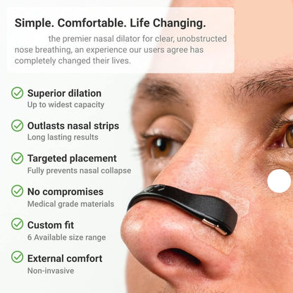 Nasal dilator device with a man wearing it, featuring text about its benefits.